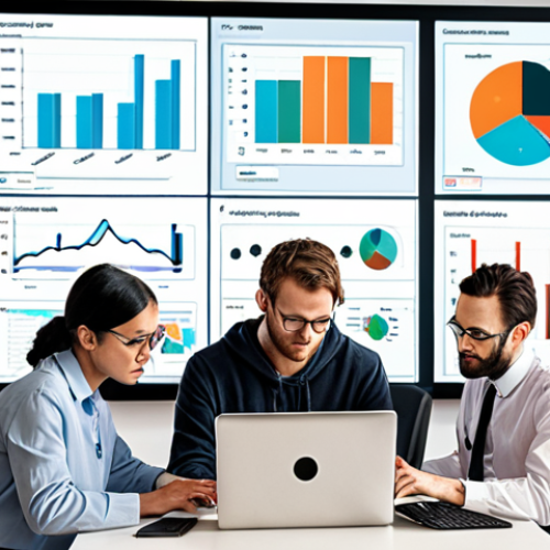 Home 11 ** A diverse group of data scientists collaboratively working on laptops, surrounded by visualizations (charts and graphs) generated using Pandas. The scene is bright and modern, symbolizing accessibility and collaboration in data science.
**