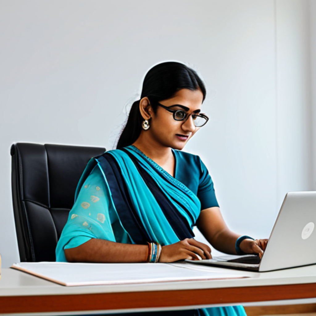 **
A professional Indian woman in a modest, elegant saree, working on a laptop in a bright, modern office in Delhi. Background shows a clean, organized workspace with culturally relevant art. Fully clothed, appropriate attire, safe for work, perfect anatomy, natural proportions, professional photography, high quality.
**