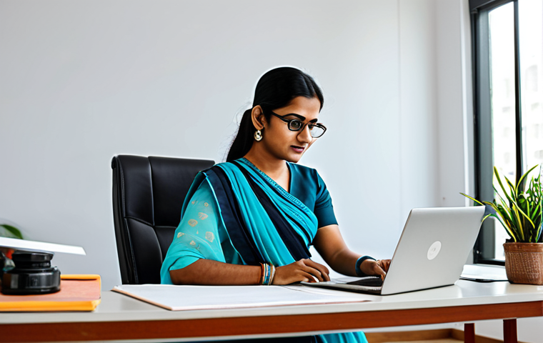 **

A professional Indian woman in a modest, elegant saree, working on a laptop in a bright, modern office in Delhi. Background shows a clean, organized workspace with culturally relevant art. Fully clothed, appropriate attire, safe for work, perfect anatomy, natural proportions, professional photography, high quality.

**