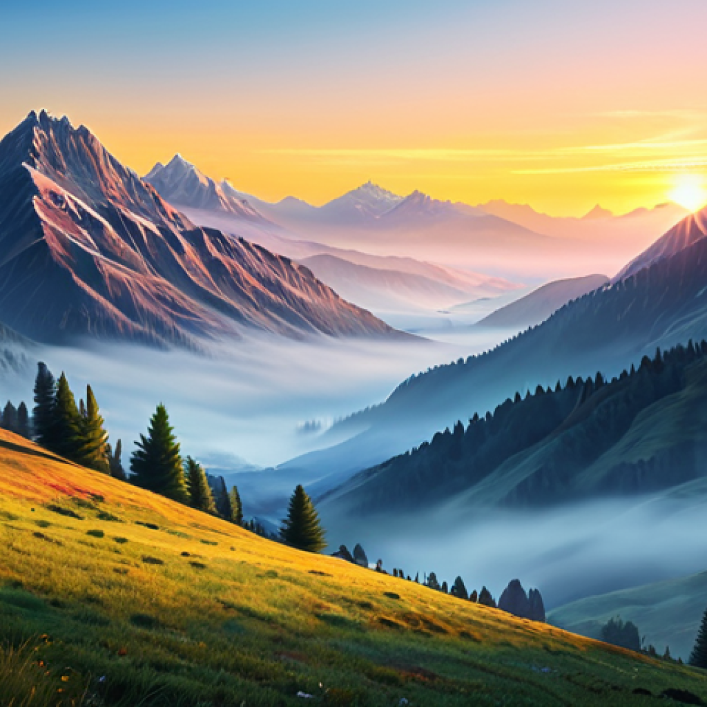 **A serene landscape:** "Tranquil mountain vista at sunrise, mist in the valleys, vibrant colors, soft lighting, realistic painting style."