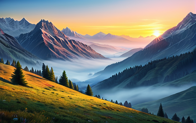 **A serene landscape:** "Tranquil mountain vista at sunrise, mist in the valleys, vibrant colors, soft lighting, realistic painting style."