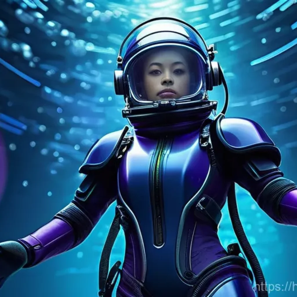 데이터사이언스와 데이터 스토리텔링 - **Data Ocean Explorer:**
    "A wide-angle, highly detailed illustration depicting a determined fema...
