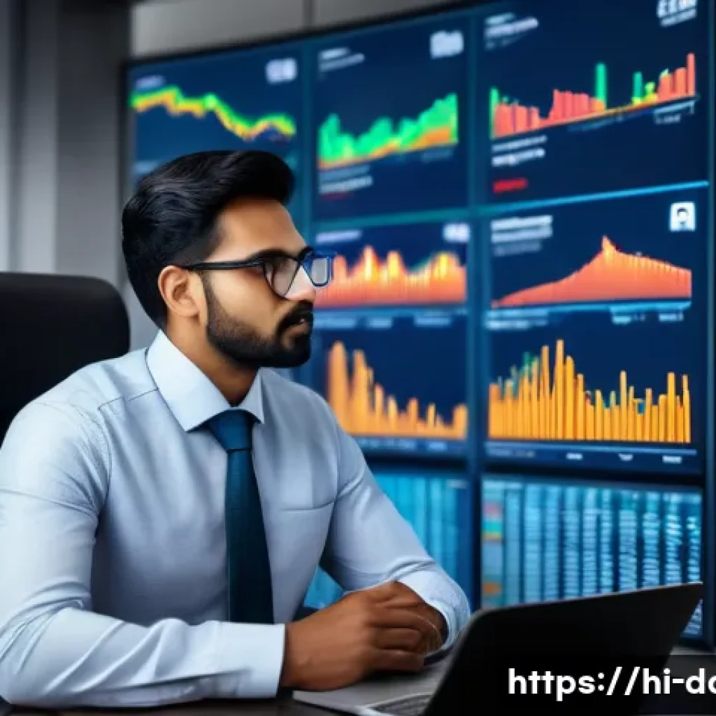 데이터사이언스에서 시계열 분석 - A professional Indian data scientist analyzing complex time series data on multiple transparent digi...