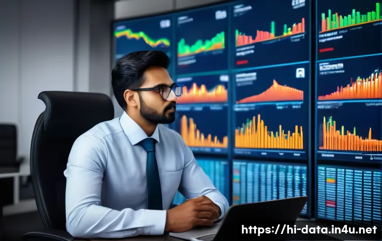 데이터사이언스에서 시계열 분석 - A professional Indian data scientist analyzing complex time series data on multiple transparent digi...