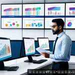 데이터사이언스에서 차원 축소 - A modern data scientist analyzing high-dimensional data on multiple computer screens, showing colorf...