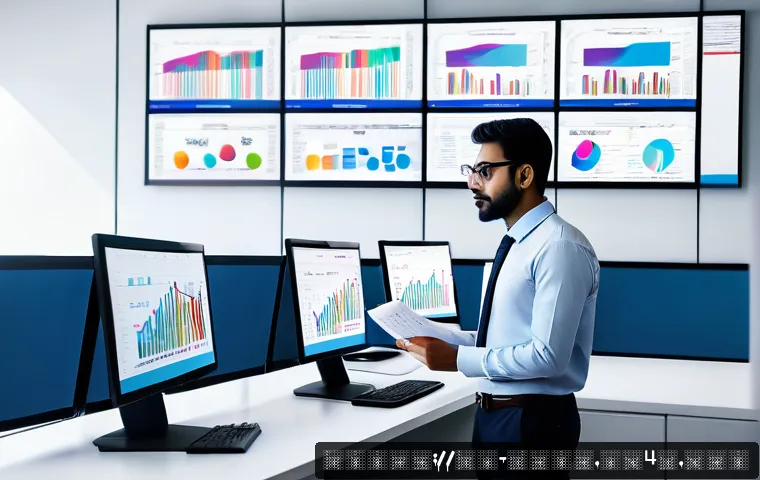 데이터사이언스에서 차원 축소 - A modern data scientist analyzing high-dimensional data on multiple computer screens, showing colorf...