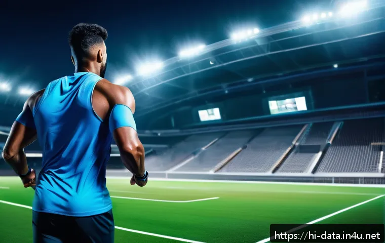 데이터사이언스와 스포츠 분석 - A dynamic sports training scene featuring a male athlete wearing advanced smart wearables such as a ...