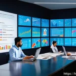데이터사이언스와 빅데이터 - A modern Indian business office setting with a diverse team of professionals analyzing real-time dat...