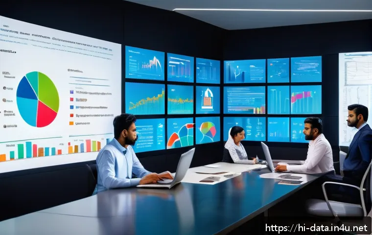 데이터사이언스와 빅데이터 - A modern Indian business office setting with a diverse team of professionals analyzing real-time dat...