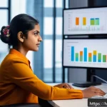 데이터사이언스와 데이터 엔지니어링 - A modern Indian professional woman working in a sleek, high-tech office environment focused on data ...