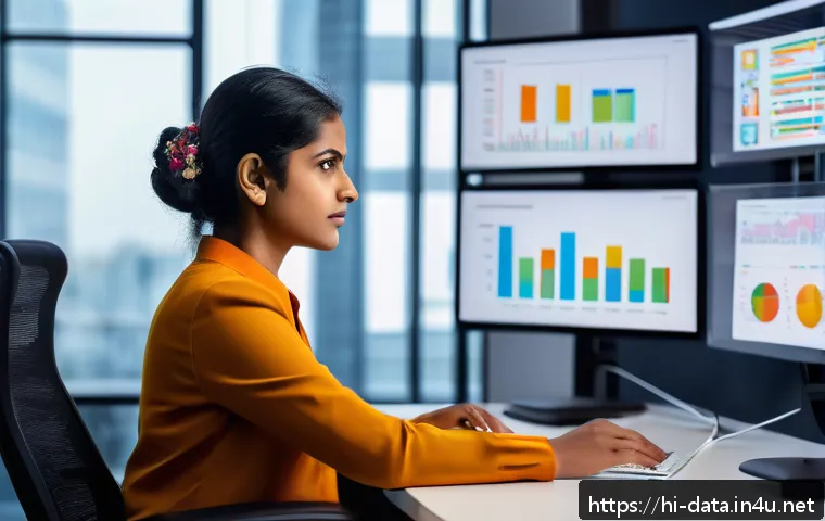 데이터사이언스와 데이터 엔지니어링 - A modern Indian professional woman working in a sleek, high-tech office environment focused on data ...