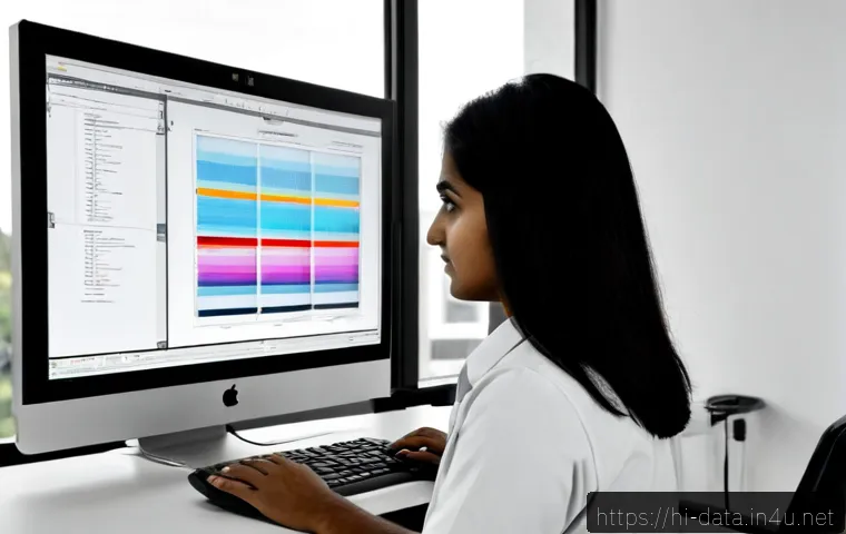 데이터사이언스와 이미지 처리 - Photorealistic Indian data scientist analyzing medical image processing results on a large widescree...